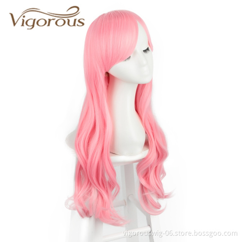 Inclined Bangs Heat Resistant Natural Wholesale Cheap Price Pink Crazy  Long Body Wave Cosplay For Party Synthetic Wigs